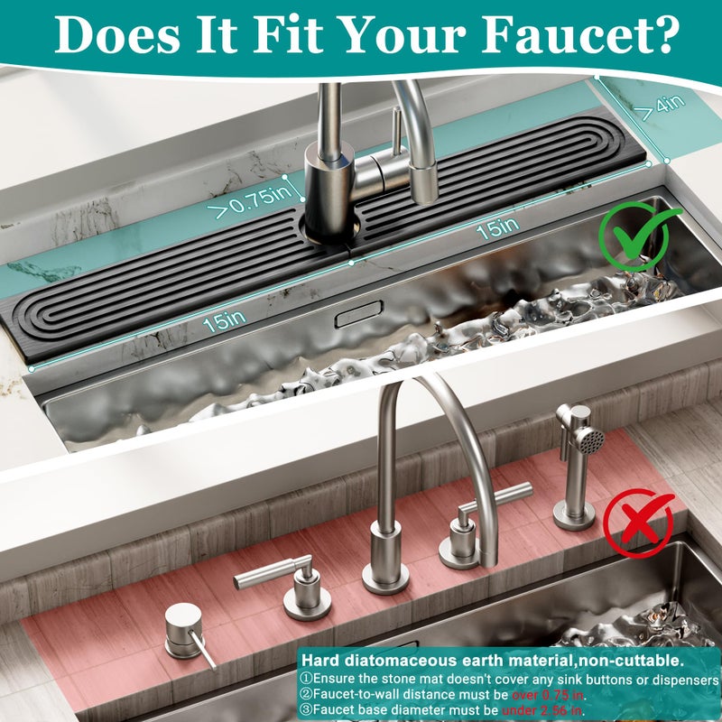 MAGKOTA Stone Faucet Mat for Kitchen Sink - Quick Dry Diatomite Sink Splash Guard, Prevents Moisture Buildup & Water Stains, Water Absorbing Stone Tray for Bathroom Countertop (Dark Gray, 30" x 4") - Image 2