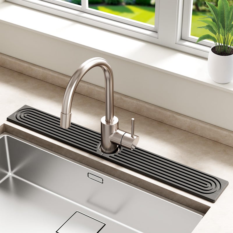 MAGKOTA Stone Faucet Mat for Kitchen Sink - Quick Dry Diatomite Sink Splash Guard, Prevents Moisture Buildup & Water Stains, Water Absorbing Stone Tray for Bathroom Countertop (Dark Gray, 30" x 4") - Image 1