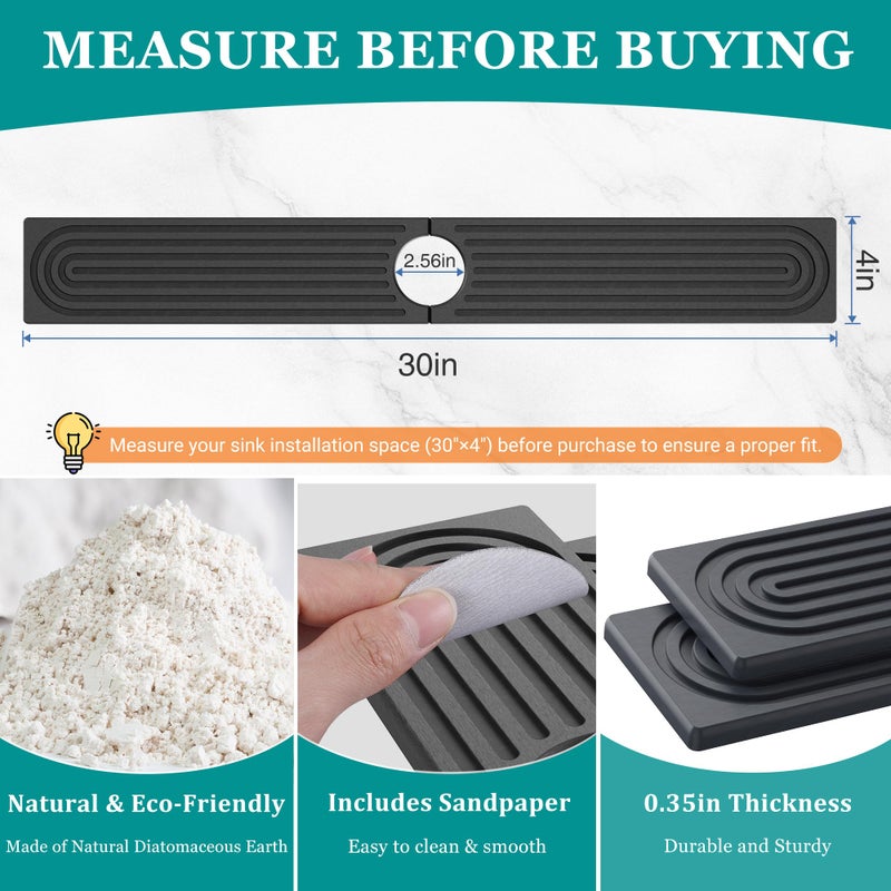 MAGKOTA Stone Faucet Mat for Kitchen Sink - Quick Dry Diatomite Sink Splash Guard, Prevents Moisture Buildup & Water Stains, Water Absorbing Stone Tray for Bathroom Countertop (Dark Gray, 30" x 4") - Image 3