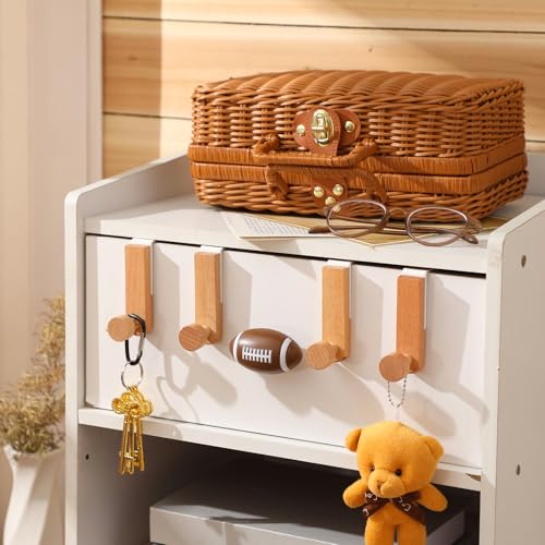 Fiwochic 4 Pcs Wooden Cubicle Hooks, 3 Inch Over The Cabinets Door Towel Holder Heavy Duty Wood Coat Hangers Natural Rustic White Steel Wooden Hook for Wardrobe Cupboard Drawer Kitchen Bathroom - Image 4