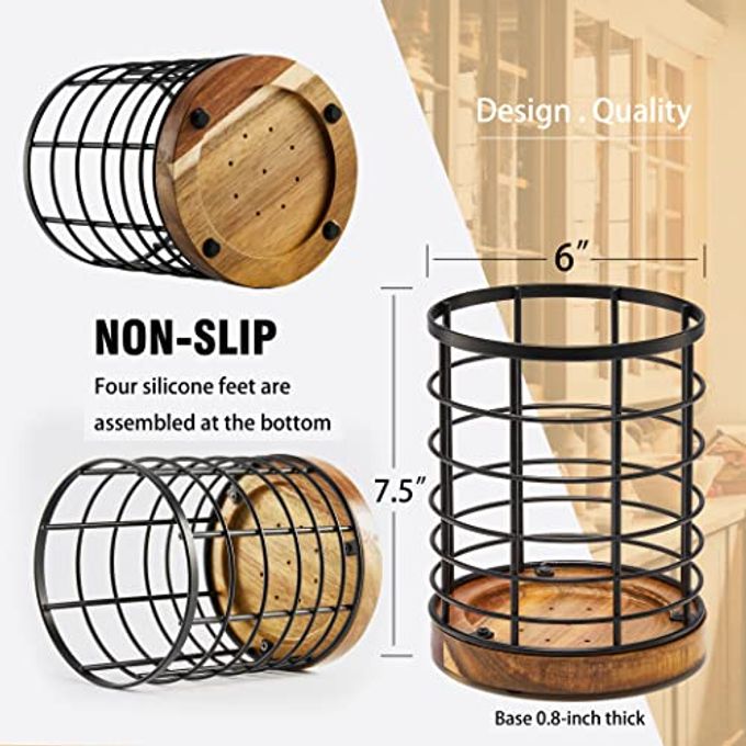 WILDMOS Utensil Holder for Kitchen Counter,Black Wire with Wooden Base Countertop Utensil Holder, Large Wooden Cooking Utensil Holder, Kitchen Utensil Organizer. - Image 5