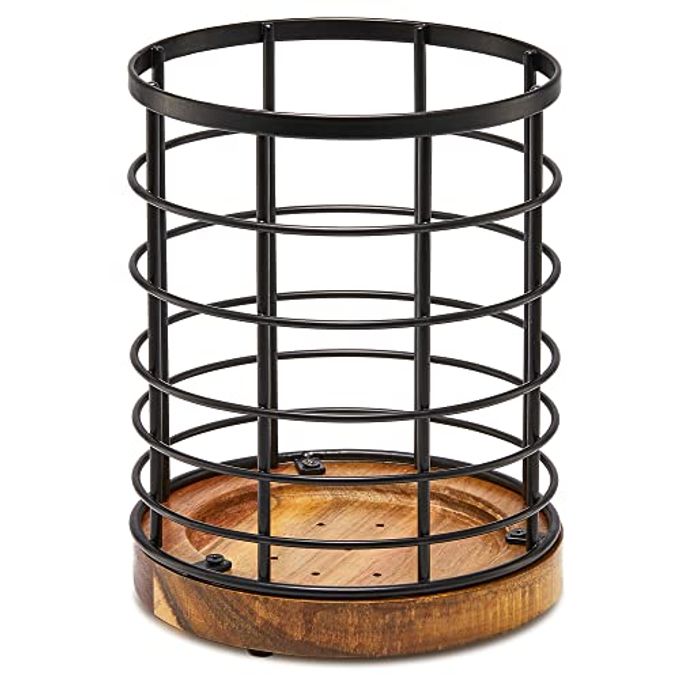 WILDMOS Utensil Holder for Kitchen Counter,Black Wire with Wooden Base Countertop Utensil Holder, Large Wooden Cooking Utensil Holder, Kitchen Utensil Organizer. - Image 4