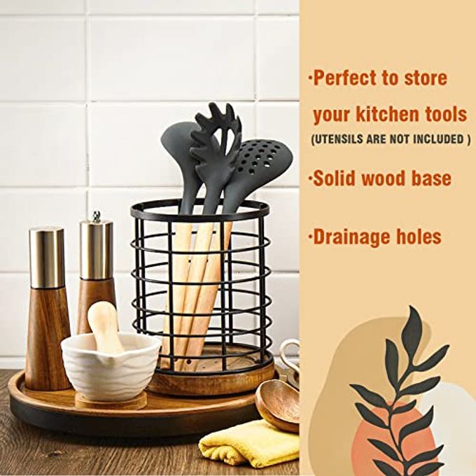 WILDMOS Utensil Holder for Kitchen Counter,Black Wire with Wooden Base Countertop Utensil Holder, Large Wooden Cooking Utensil Holder, Kitchen Utensil Organizer. - Image 3