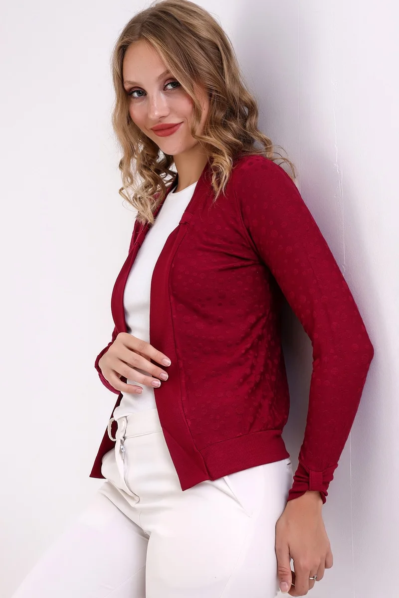 Şiir Poem Women's Long Sleeve Collar Edge Band Detailed Open Front Jacquard Combed Cotton Short Cardigan