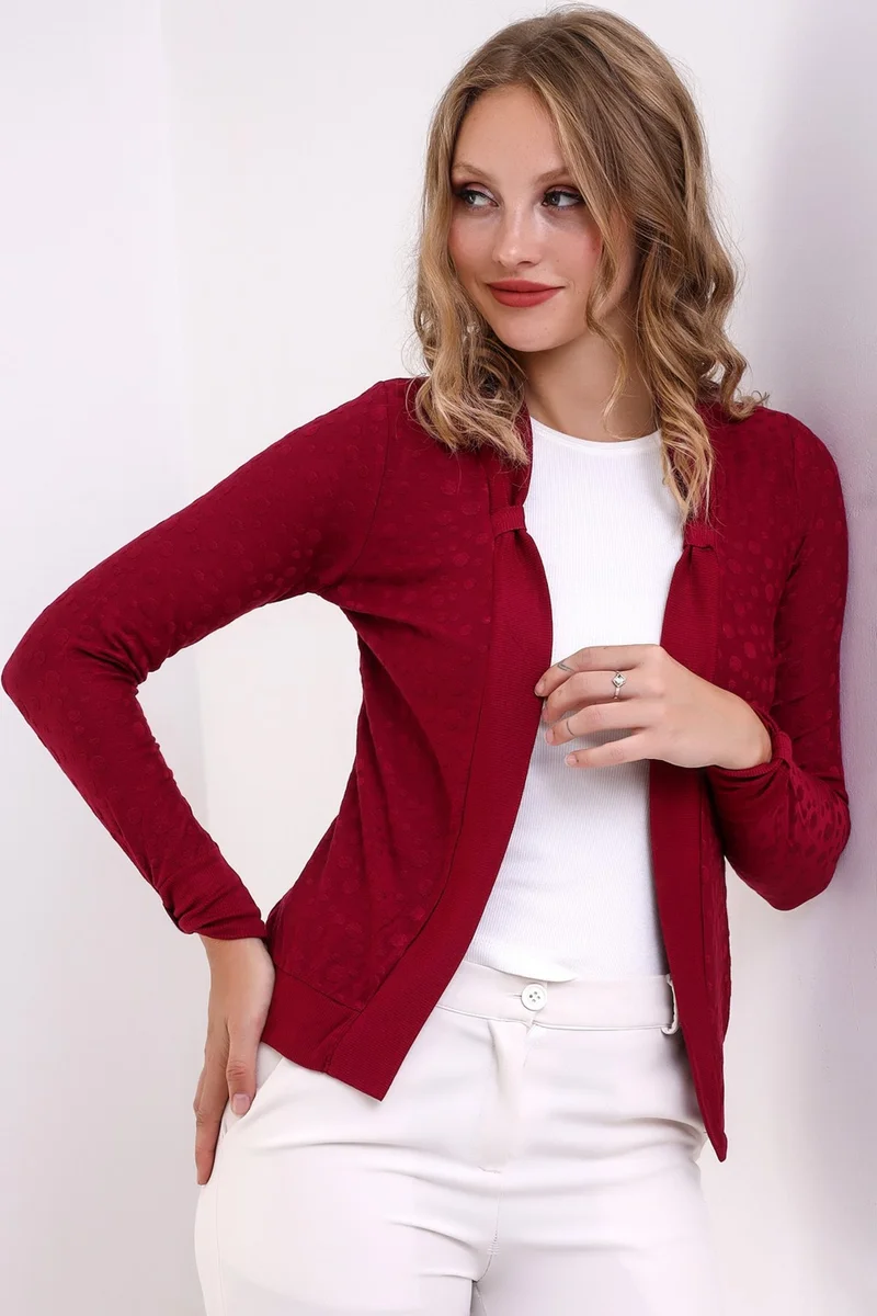 Şiir Poem Women's Long Sleeve Collar Edge Band Detailed Open Front Jacquard Combed Cotton Short Cardigan