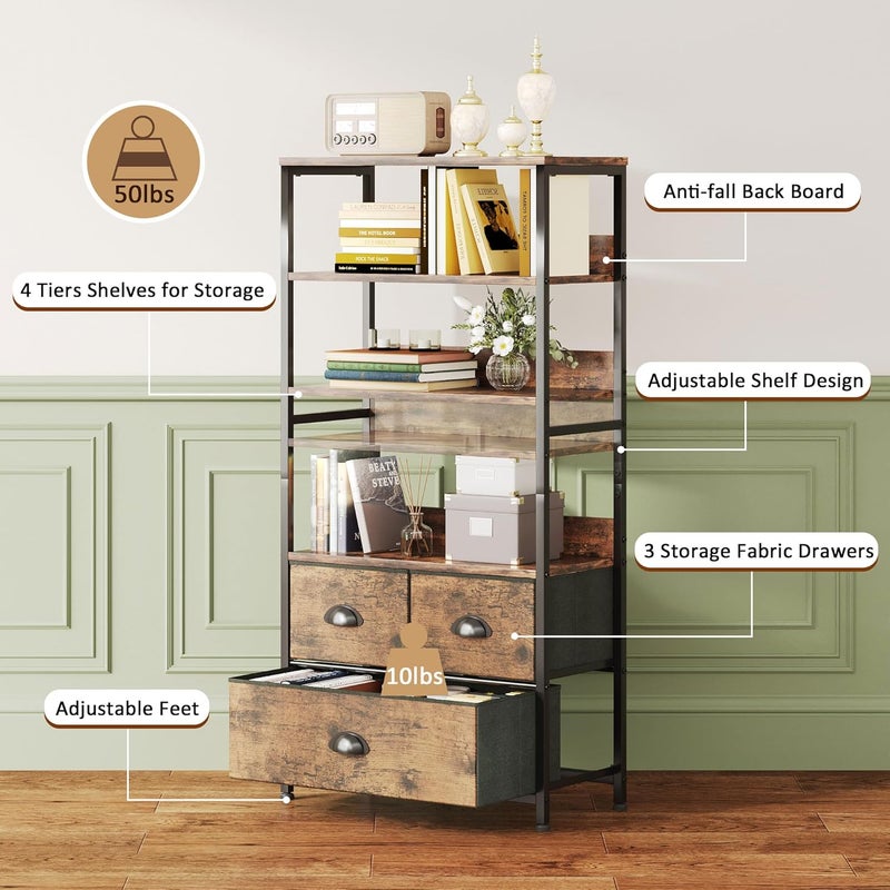 SKY-TOUCH 4-Tier Storage Shelf with 3 Drawers – Black Metal Frame with Wood Top,– Ideal for Books, Photos, and Decorations in Living Room, Office, Bedroom, and Kitchen Tiger Wood 58x29x120cm - Image 4