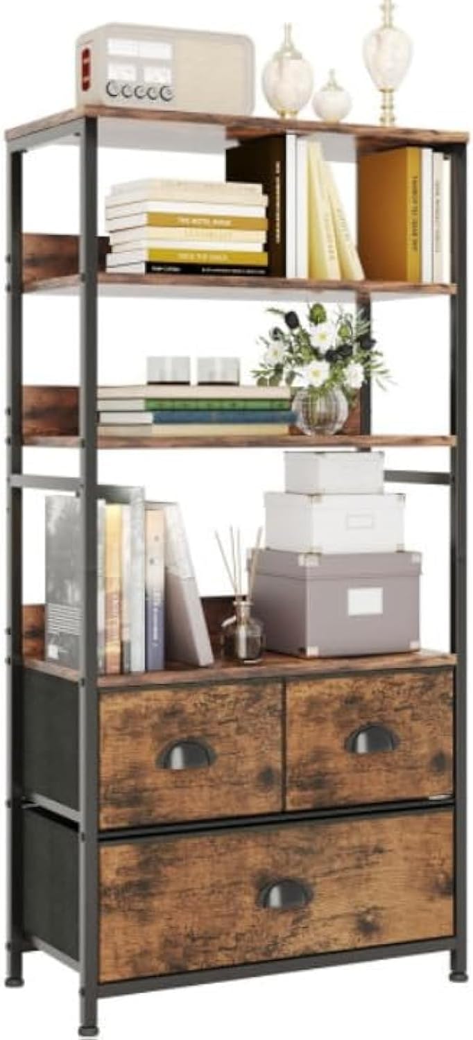 SKY-TOUCH 4-Tier Storage Shelf with 3 Drawers – Black Metal Frame with Wood Top,– Ideal for Books, Photos, and Decorations in Living Room, Office, Bedroom, and Kitchen Tiger Wood 58x29x120cm - Image 1
