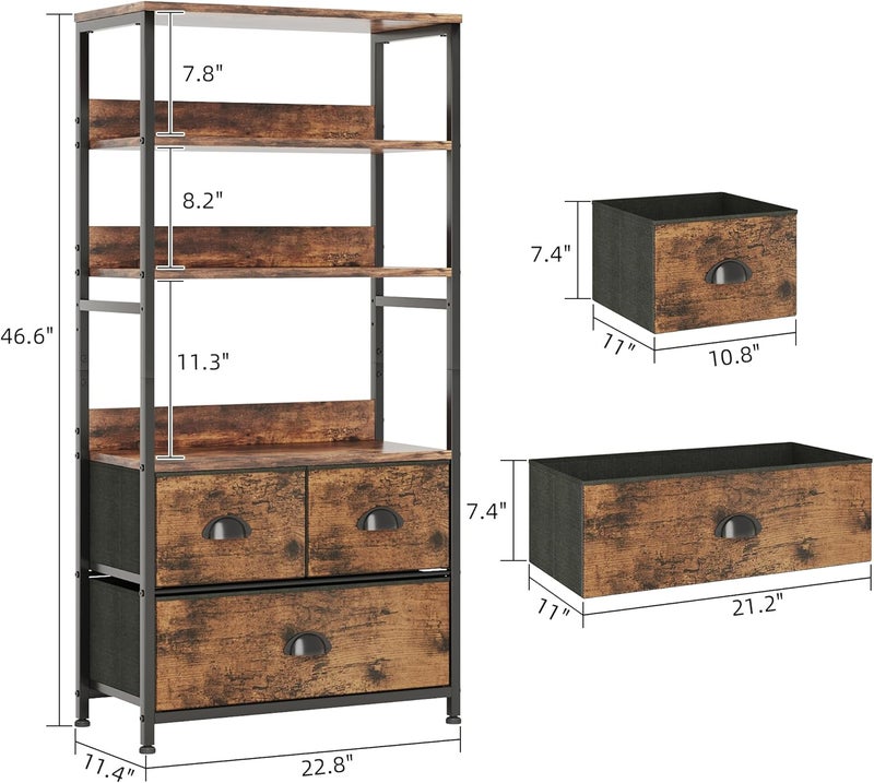 SKY-TOUCH 4-Tier Storage Shelf with 3 Drawers – Black Metal Frame with Wood Top,– Ideal for Books, Photos, and Decorations in Living Room, Office, Bedroom, and Kitchen Tiger Wood 58x29x120cm - Image 3