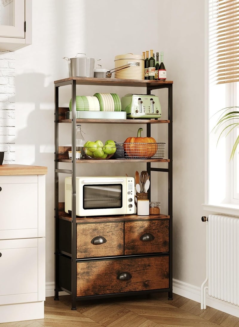 SKY-TOUCH 4-Tier Storage Shelf with 3 Drawers – Black Metal Frame with Wood Top,– Ideal for Books, Photos, and Decorations in Living Room, Office, Bedroom, and Kitchen Tiger Wood 58x29x120cm - Image 2