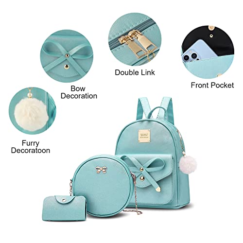 Aogist Mini Leather Backpack Purse 3-Pieces Fashion Bowknot Zipper Bags Cute Casual Travel Daypacks for Women Pearl Blue - Image 2