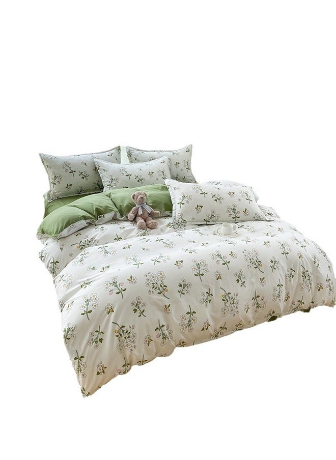 yongsheng Botanical Cotton Comforter Queen Size - Tender Green Comforter Printed with Leafy Branches & Purple Stamens on Off-White,Reversible Lightweight Bedding Sets 3Pcs  - Image 1