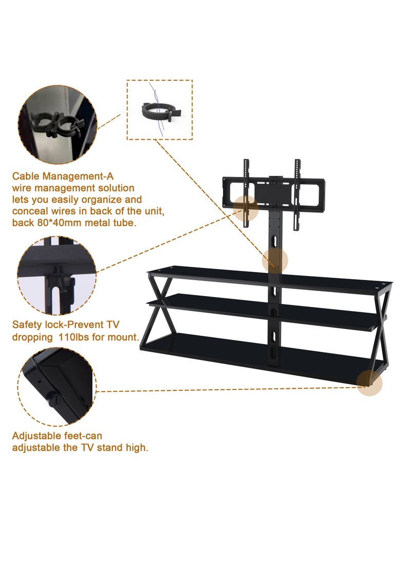FlashHawk Floor Swivel TV Stand Table with Mount and Tempered Glass Storage Shelves Fits 32-70 inch TVs for Living Room - Image 3