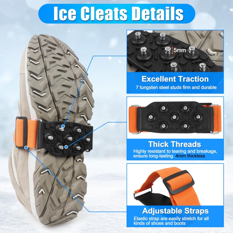 FUSIGO Ice Cleats Snow Traction Cleats for Walking on Snow and Ice Mid-Sole Non-Slip Crampons with Adjustable Straps 7 Tungsten Studs for Grippers Anti Slip Traction Cleats for Walking Jogging Hiking M-1pair - Image 2