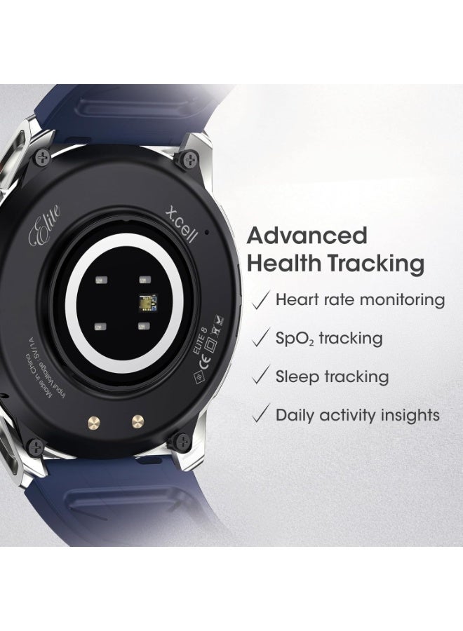 Xcell ELITE8 Smartwatch | 1.43" AMOLED Display | Bluetooth Calling | IP67 Waterproof | Wireless Charging | Heart Rate & SpO2 Monitor | Multi-Sport Modes | iOS/Android- Silver Frame with Blue Strap - Image 5