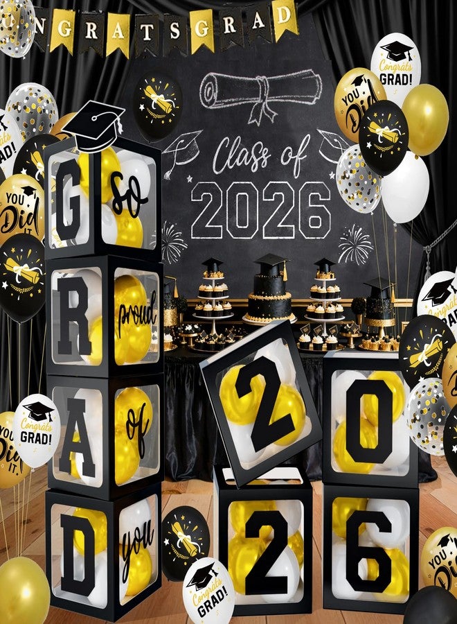 Netnology 2026 Graduation Decorations - Black Balloon Boxes with Letters 2026 Grad & So Proud of You and Black White Gold Print Balloons, Graduation Party Decorations Class of 2026 for Any Grades(Black) - Image 1
