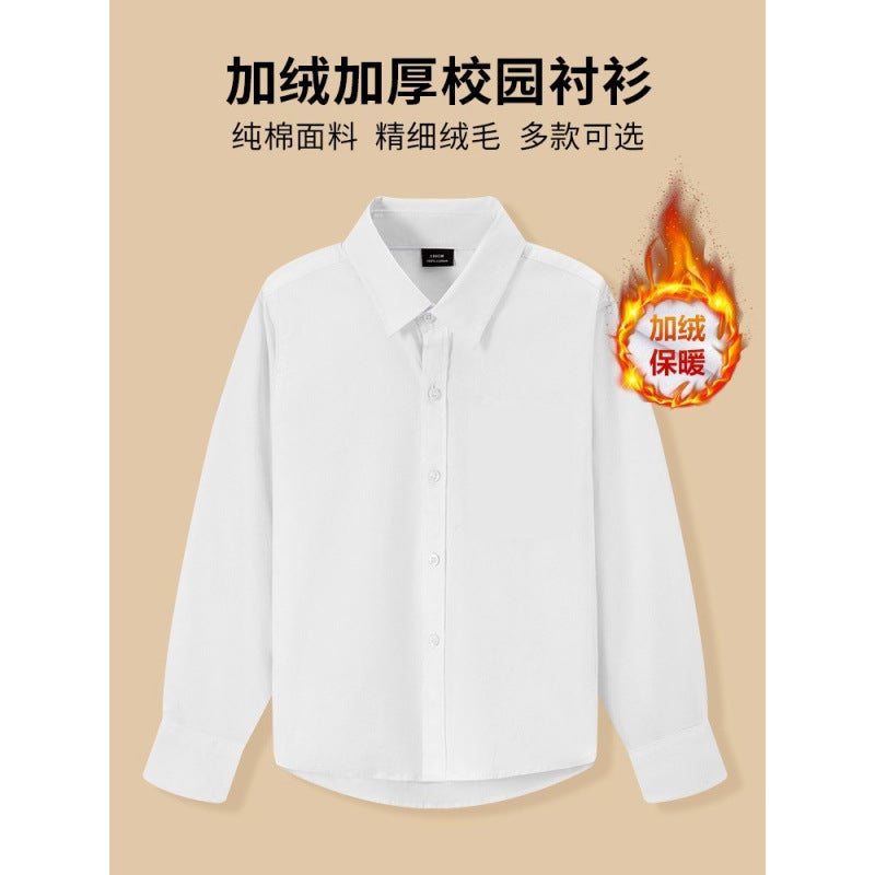 Long Sleeve Fleece-Lined Thickened White Shirt For Boys And Girls Children'S Performance Children'S Middle And Big Children'S Shirt - Image 2