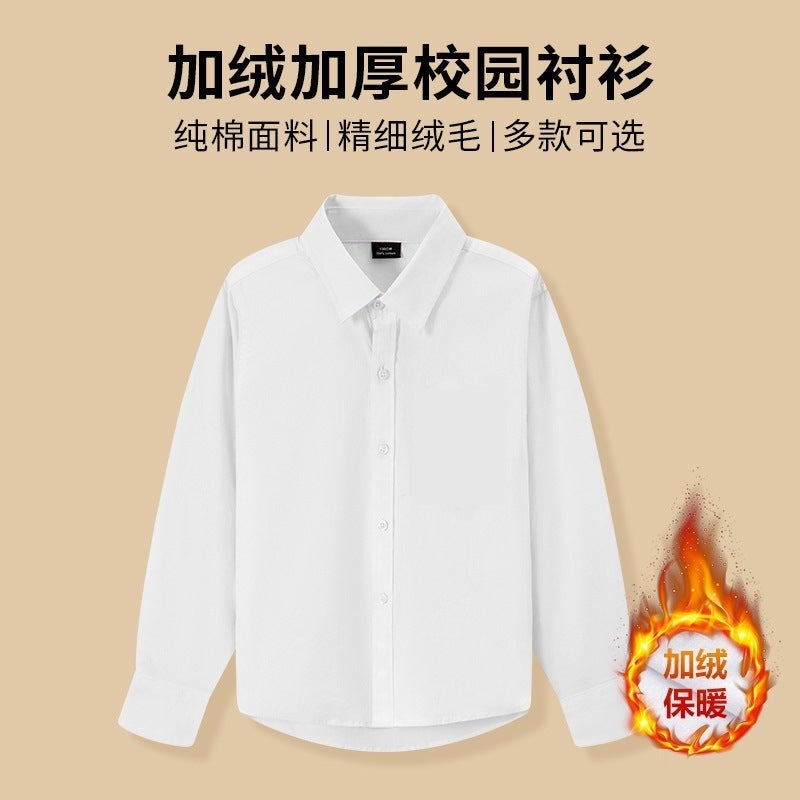 Long Sleeve Fleece-Lined Thickened White Shirt For Boys And Girls Children'S Performance Children'S Middle And Big Children'S Shirt - Image 1