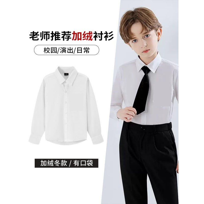 Long Sleeve Fleece-Lined Thickened White Shirt For Boys And Girls Children'S Performance Children'S Middle And Big Children'S Shirt - Image 3