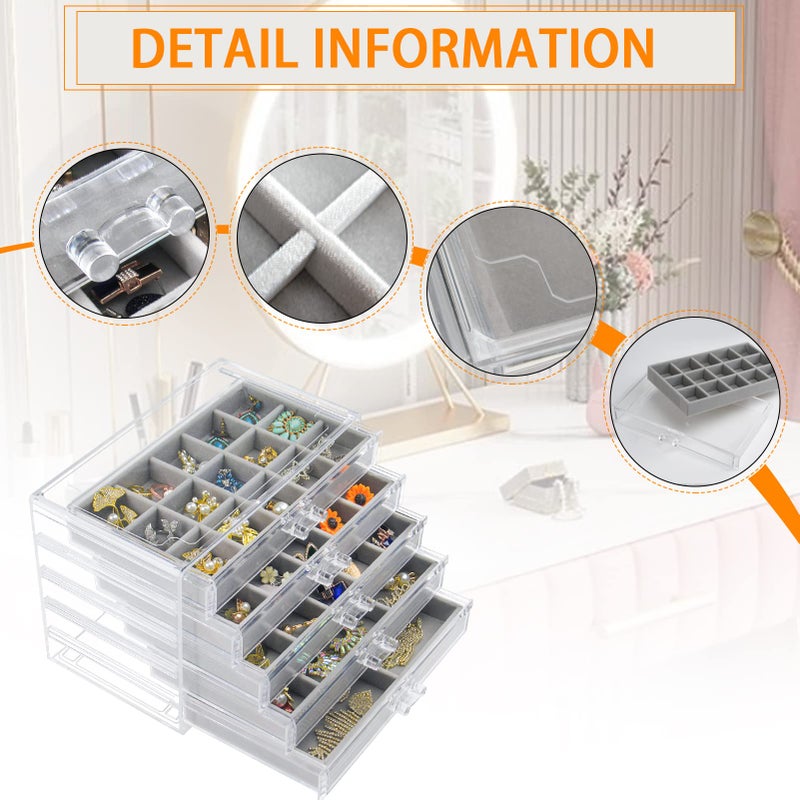 Watpot Acrylic Jewelry Box with 5 Drawers, Clear Earring Storage Organizer Display Case for Women Girls, Gray - Image 2