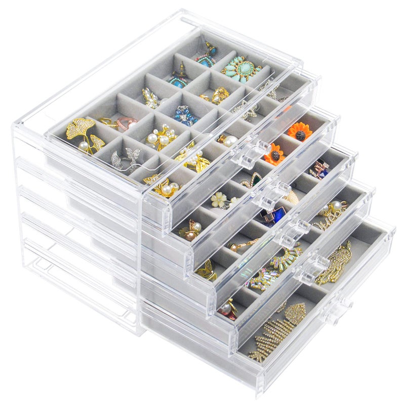 Watpot Acrylic Jewelry Box with 5 Drawers, Clear Earring Storage Organizer Display Case for Women Girls, Gray - Image 1