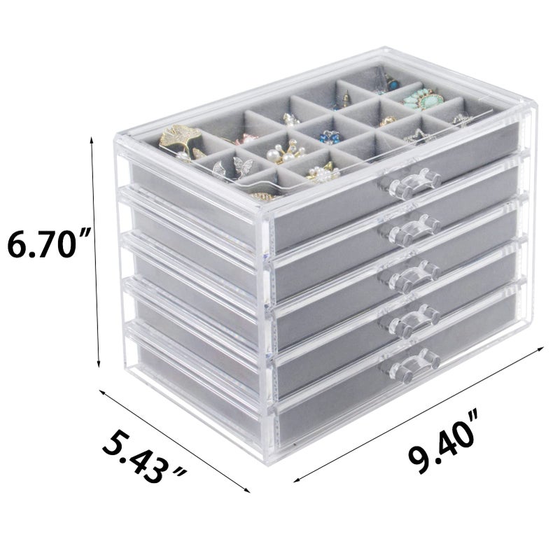 Watpot Acrylic Jewelry Box with 5 Drawers, Clear Earring Storage Organizer Display Case for Women Girls, Gray - Image 5