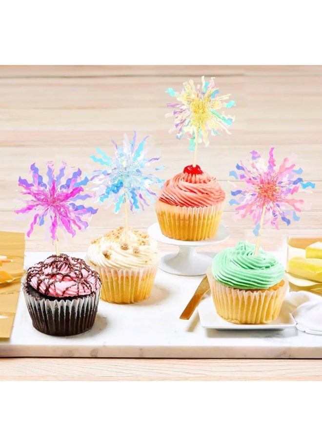 20 Pcs Foil Firework Cupcake Toppers, Sparkle Tinsel Cake Toppers, Tinsel Drink Cake Decoration, Cocktail Food Fruit Toothpick for Cake Decoration Party Supplies - Image 3