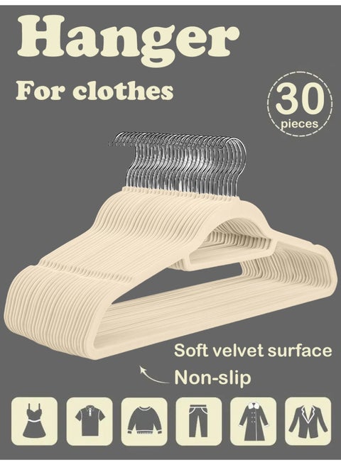 30 pcs flocking hangers, wet and dry, non-slip and durable, space-saving, light and load-bearing,White