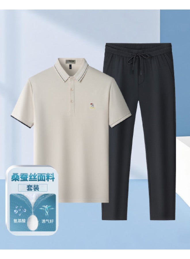 Tucano قميص بولو قصير الأكمام من حرير التوت + بنطلون كاجوال من حرير الجليد فضفاض متعدد الاستخدامات للآباء - Image 1