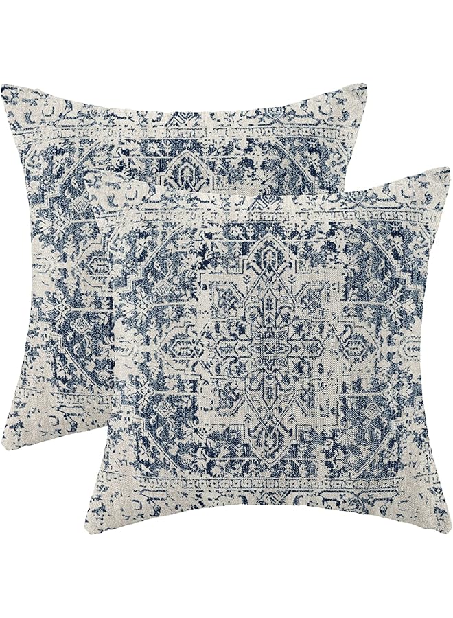 erorex Pillow Covers 18X18 Set Of 2 Ethnic Design Decorative Throw Pillows Linen Blue Carpet Pattern Farmhouse Cushion Pillow Covers For Sofa Couch Outdoor - Image 1