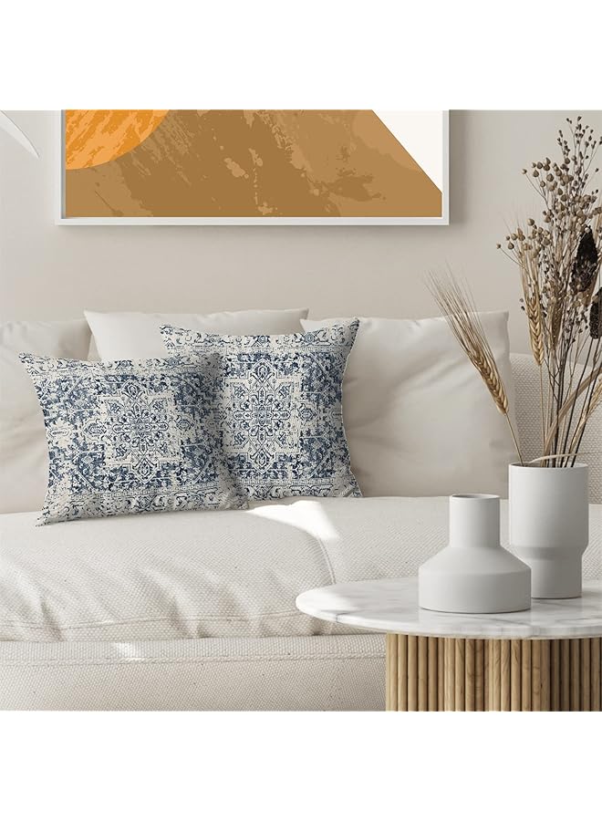 erorex Pillow Covers 18X18 Set Of 2 Ethnic Design Decorative Throw Pillows Linen Blue Carpet Pattern Farmhouse Cushion Pillow Covers For Sofa Couch Outdoor - Image 3