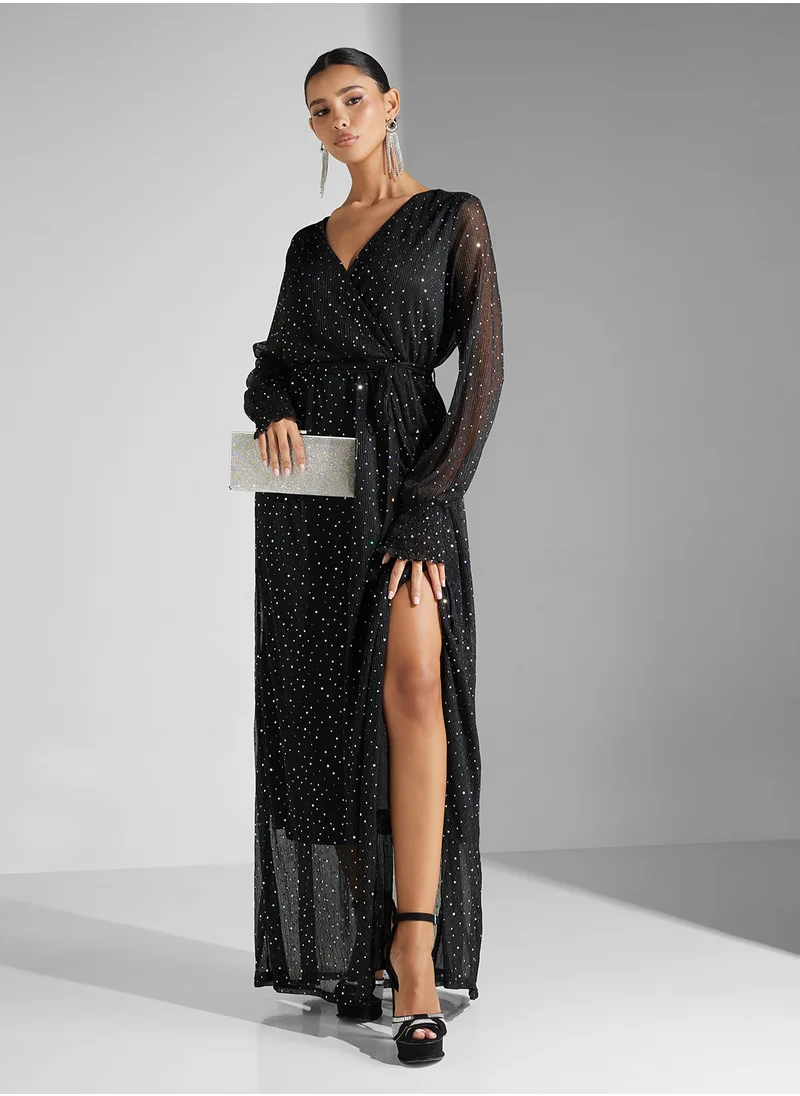 جينجر V Neck Shimmer Wrap Dress