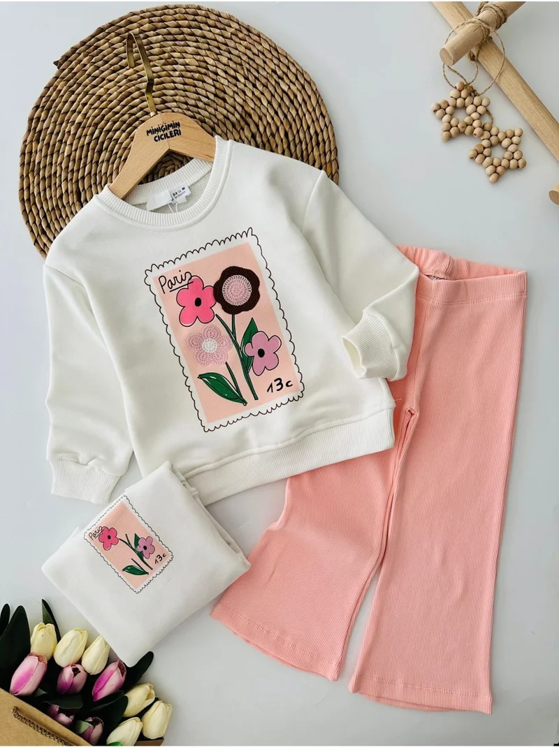 Miniğimin Cicileri My Little One's Cicileri Paris Flower Embroidery Detailed Girl's 2-Piece Set - Salmon