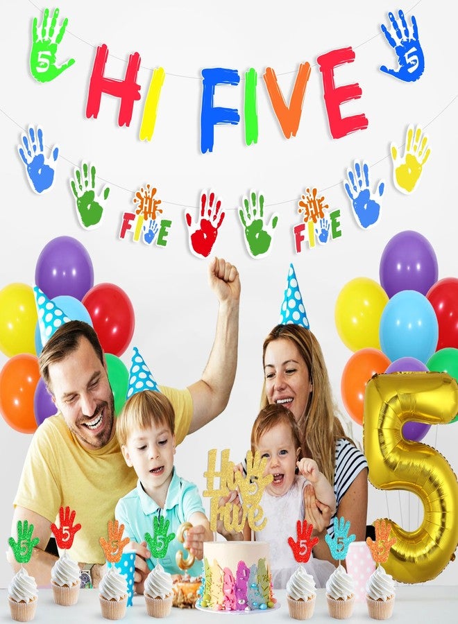 Funmemoir زينة حفلات عيد الميلاد "هاي فايف" من فن ميموار، زينة عيد الميلاد الخامس للأولاد والبنات، لافتة "هاي فايف"، زينة للكعك والكب كيك، بالون فويل رقم 5 لحفلة عيد ميلاد طفل عمره 5 سنوات - Image 4