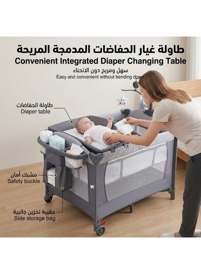 MaBaby 5-in-1 Multifunctional Baby Crib & Bedside Sleeper, Portable Pack and Play with Diaper Changing Table, Height Adjustable Newborn Bassinet, Toddler Playard with Side Crawl Door & Storage, Safe Co-Sleeping Infant Bed - Image 2