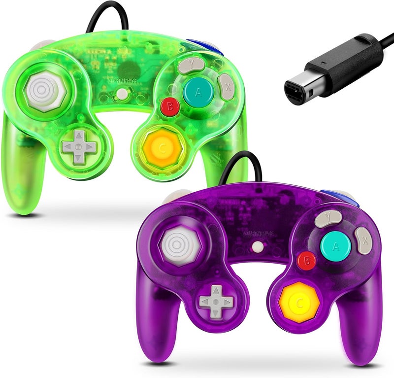 FIOTOK Gamecube Controller, Classic Wired Controller for Wii Nintendo Gamecube (Clear Purple & Clear Green-2Pack) - Image 1