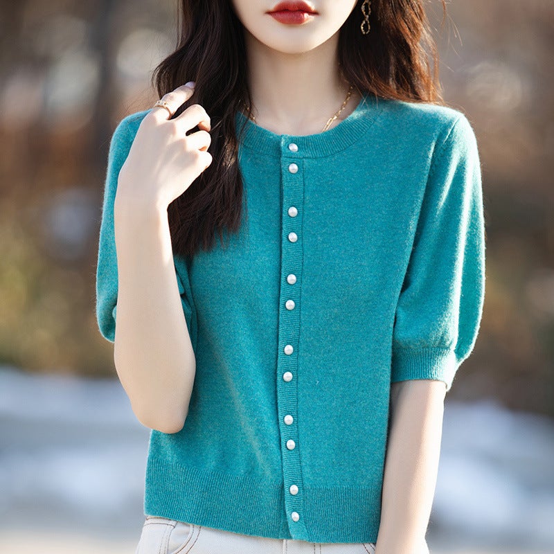 New Worsted Thin Round Neck Knitted Cardigan Short-Sleeved Pure Color Half-Sleeved Loose Slimming Look Top Jacket Jr565 - Image 2