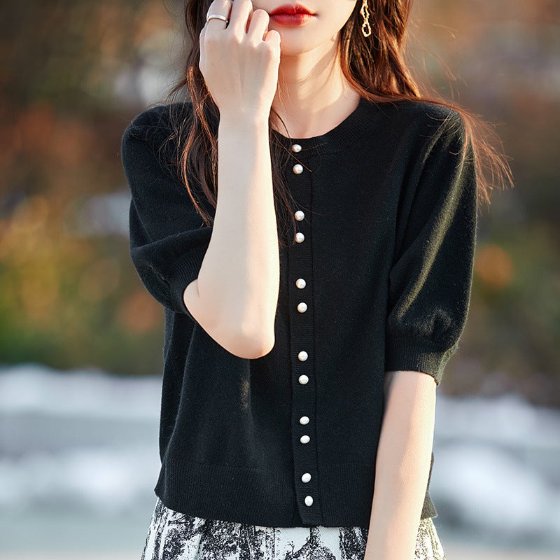 New Worsted Thin Round Neck Knitted Cardigan Short-Sleeved Pure Color Half-Sleeved Loose Slimming Look Top Jacket Jr565 - Image 5