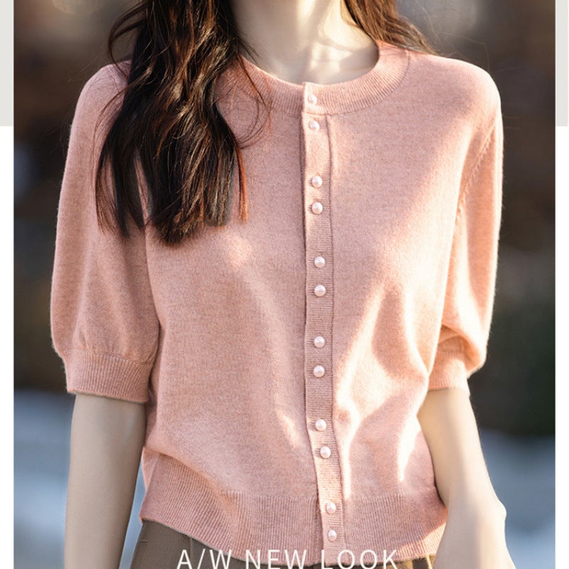 New Worsted Thin Round Neck Knitted Cardigan Short-Sleeved Pure Color Half-Sleeved Loose Slimming Look Top Jacket Jr565 - Image 1