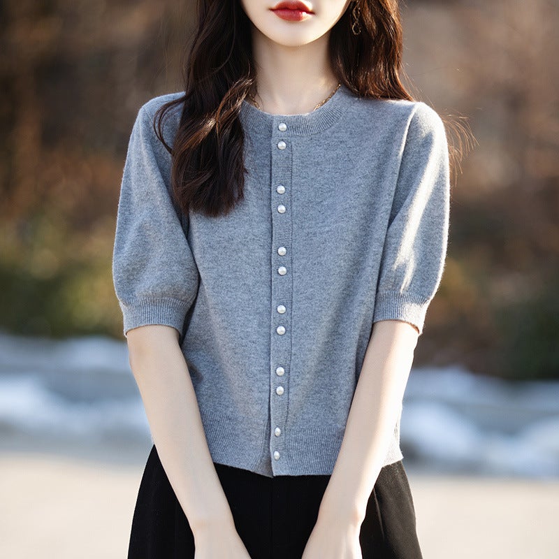 New Worsted Thin Round Neck Knitted Cardigan Short-Sleeved Pure Color Half-Sleeved Loose Slimming Look Top Jacket Jr565 - Image 3