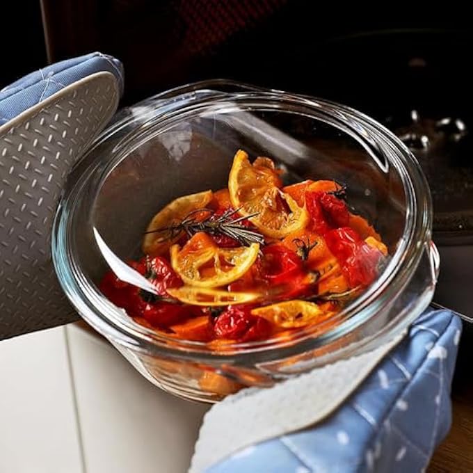 ريحني طاجن زجاجي شفاف دائري مع غطاء صينية خبز مقاومة للحرارة، طبق زجاجي للفرن، وعاء مغطى بمقلاة ميكروويف زجاجية للطهي، 1 لتر شفاف - Image 5