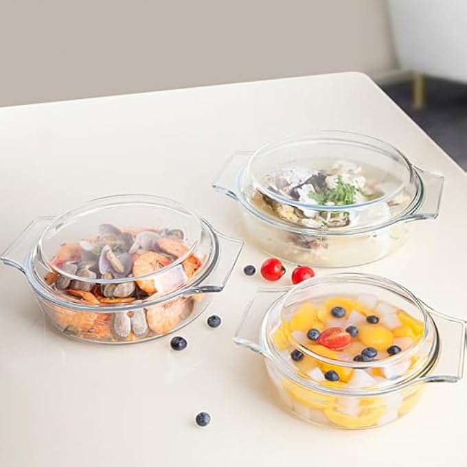 ريحني طاجن زجاجي شفاف دائري مع غطاء صينية خبز مقاومة للحرارة، طبق زجاجي للفرن، وعاء مغطى بمقلاة ميكروويف زجاجية للطهي، 1 لتر شفاف - Image 4