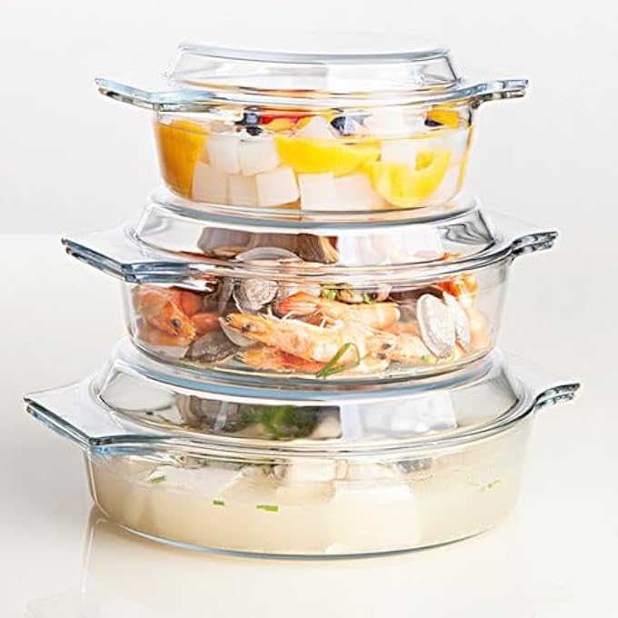 ريحني طاجن زجاجي شفاف دائري مع غطاء صينية خبز مقاومة للحرارة، طبق زجاجي للفرن، وعاء مغطى بمقلاة ميكروويف زجاجية للطهي، 1 لتر شفاف - Image 3