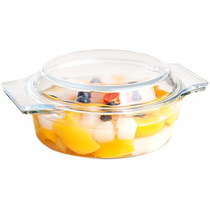 ريحني طاجن زجاجي شفاف دائري مع غطاء صينية خبز مقاومة للحرارة، طبق زجاجي للفرن، وعاء مغطى بمقلاة ميكروويف زجاجية للطهي، 1 لتر شفاف - Image 1