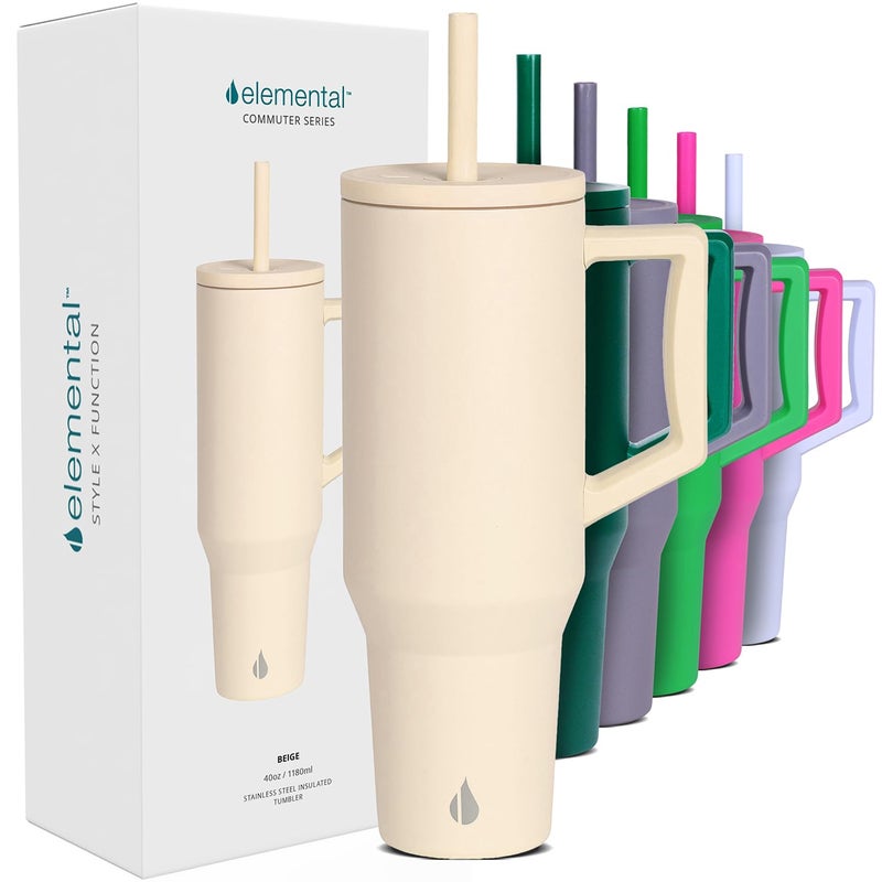 Elemental 40 oz Tumbler with Handle and Straw Spill Proof Insulated Stainless Steel Commuter for Cold Beverages Travel Coffee Mug with 2 Straws Spill Proof Lid 40oz Beige - Image 2