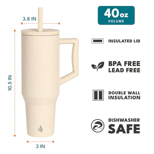 Elemental 40 oz Tumbler with Handle and Straw Spill Proof Insulated Stainless Steel Commuter for Cold Beverages Travel Coffee Mug with 2 Straws Spill Proof Lid 40oz Beige - Image 3