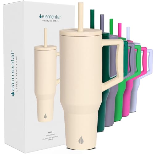Elemental 40 oz Tumbler with Handle and Straw Spill Proof Insulated Stainless Steel Commuter for Cold Beverages Travel Coffee Mug with 2 Straws Spill Proof Lid 40oz Beige - Image 1