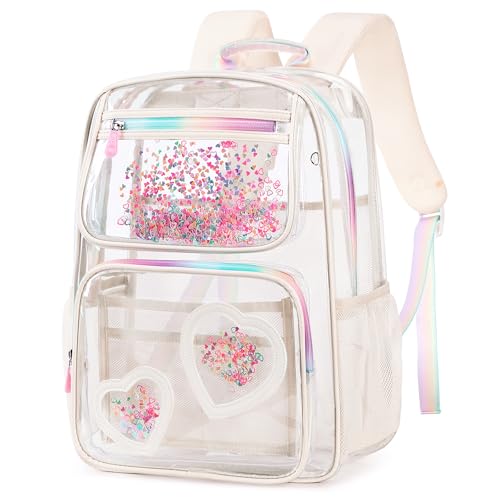 KIDNUO Clear Backpack for GirlsClear Bookbag Heavy Duty Transparent Backpacks for Stadium Events See Through Back Pack for Kindergarten Elementary Middle High School Offwhite - Image 1