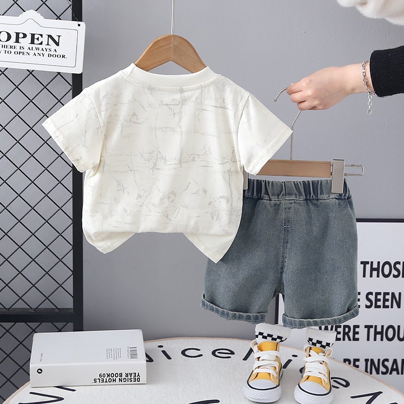 Children'S Creative Tie-Dye Round Neck Breathable Loose Suit Casual Short-Sleeved T-Shirt Two-Piece Set Direct Sale - Image 3