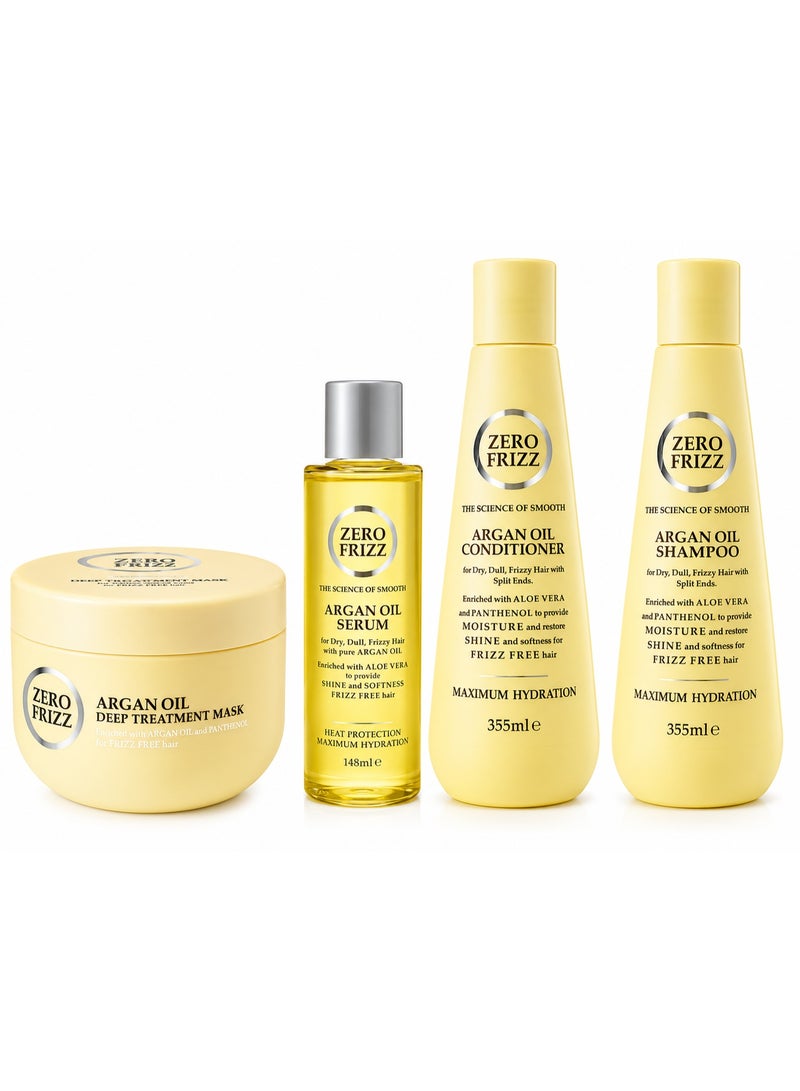 Zero Frizz Argan Oil Hair Care Set - Shampoo 355ml + Conditioner 355ml + Serum 148ml + Deep Treatment Hair Mask