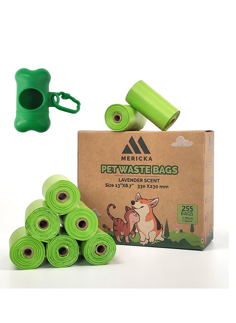 MERICKA Biodegradable Pet Waste Bags with Dispenser Lavender Scented Leak-Proof 255 Bags 13 By 8.7 Inches - Image 1